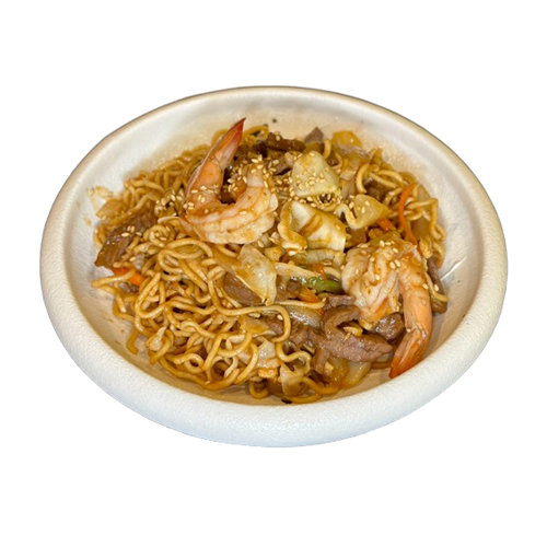 Tallarins saltejat amb gambes i vadella